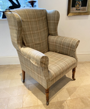 19th Century Plaid Upholstered Wing Chair