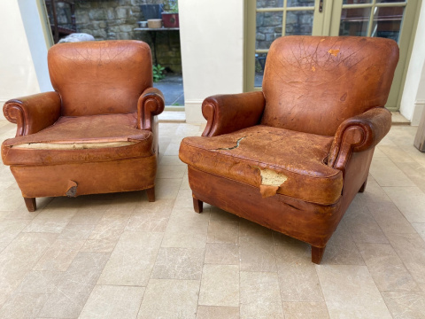 Pair of European Antique Leather Chairs 