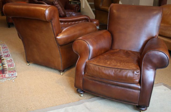 Large Leather Antique Pair of Chairs