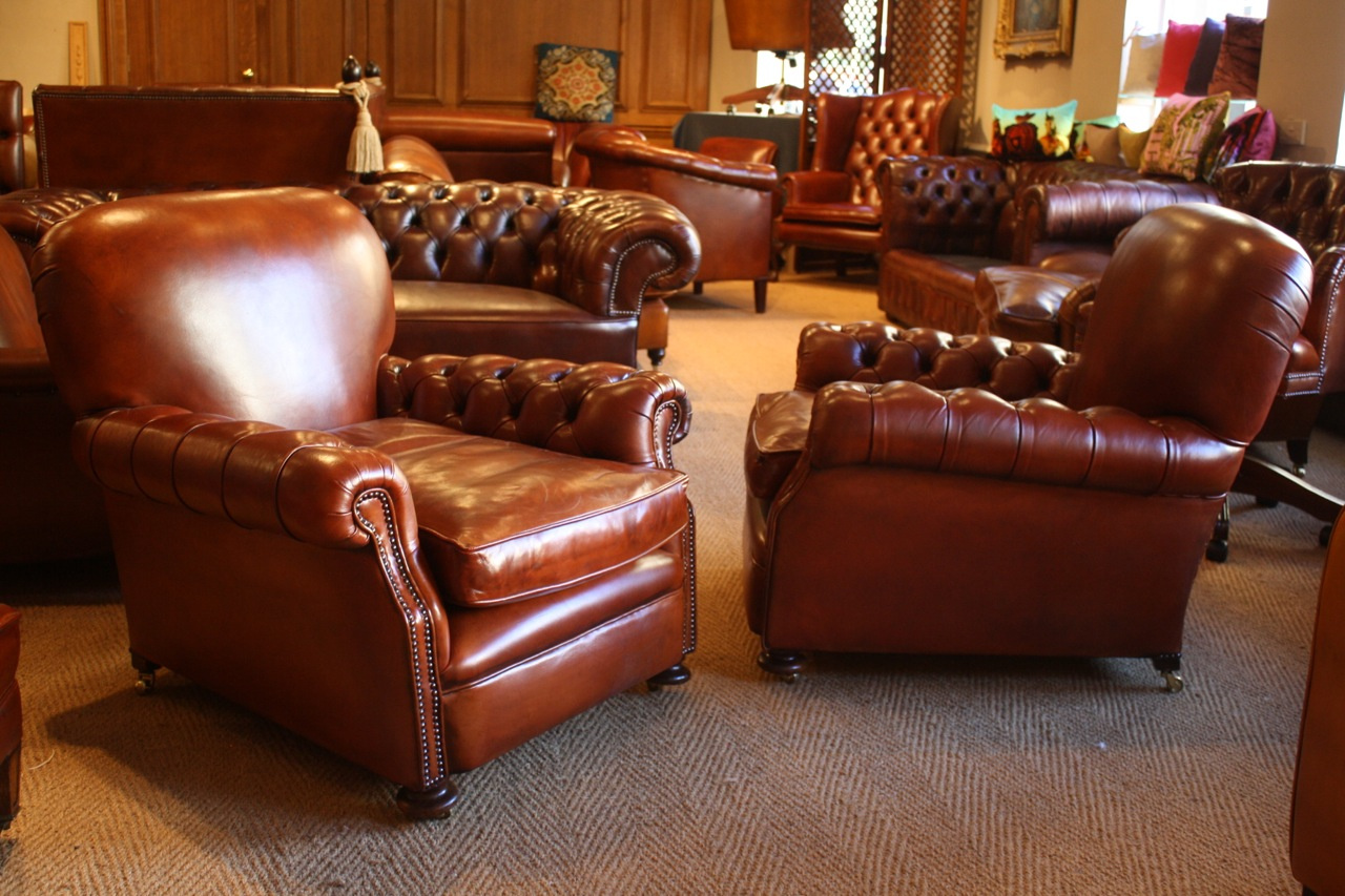 leather club chair with wood arms